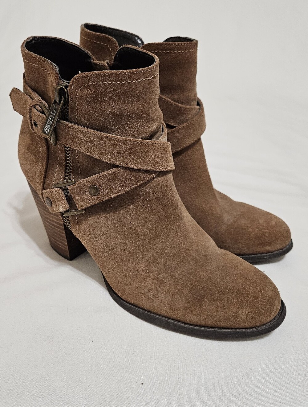 Guess Brown Suede Ankle Boots Straps Zip Buckle Block Heel Women Size 9.5
